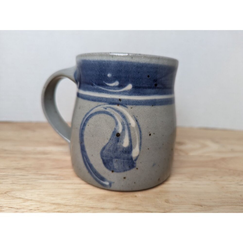 Lynn Lais Stoneware Mug marked Studio pottery wave blue gray white 3 1/2 inch